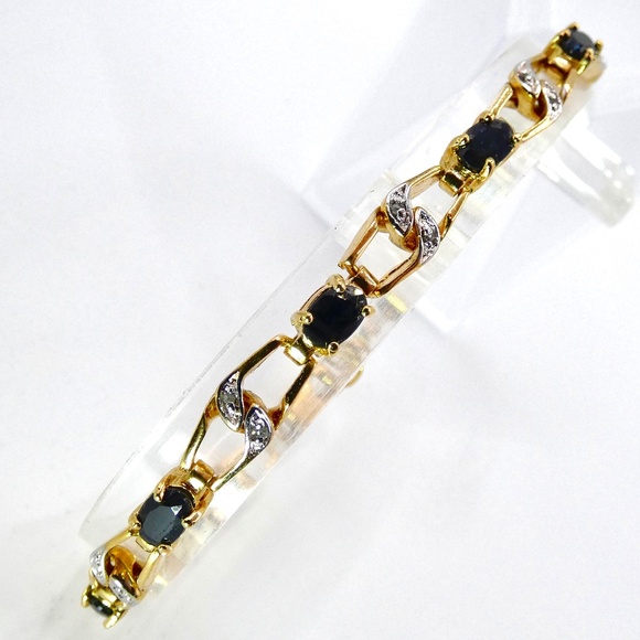VERMEIL 10 Carat Black Sapphires & Diamonds Designer Bracelet - Picture 1 of 13